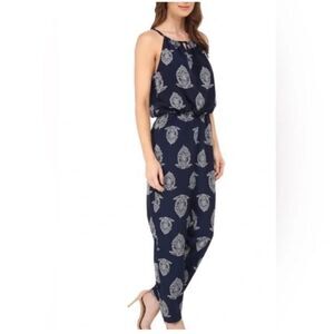 SAM EDELMAN Navy Blue Paisley Print V-Key Hole Women’s Sleeveless Jumpsuit Sz M